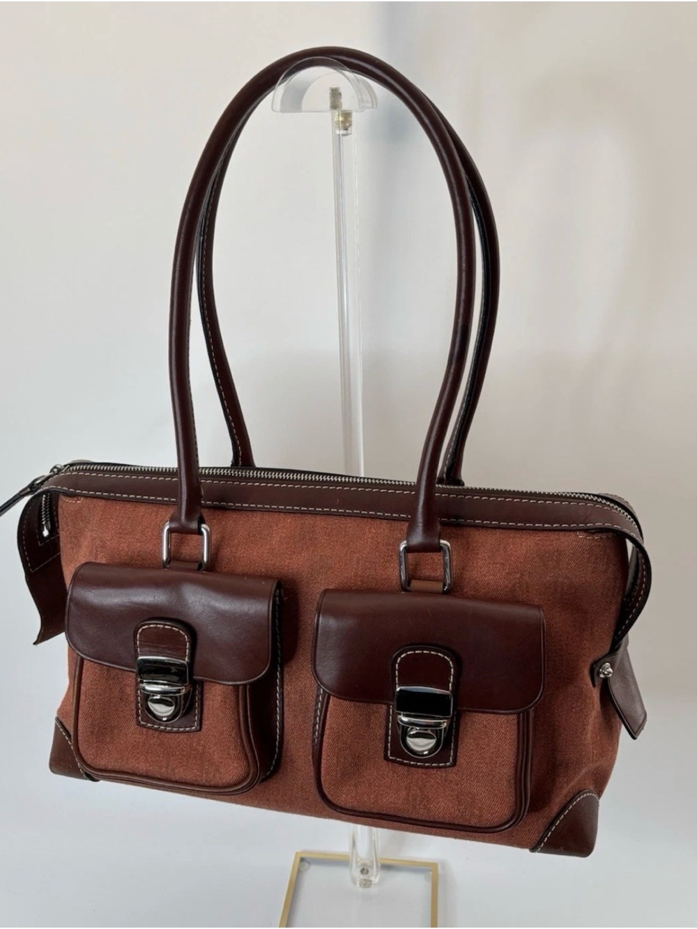 DOONEY & BOURKE ($400) Signature Burnt Orange Denim & Leather Bag AUTHENTIC